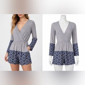 Charlotte Russe Blue and White stylish long sleeves open v neck  romper